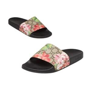 Gucci Pink Beige GG Coated Canvas Blooms Slide Sandals 38 sz